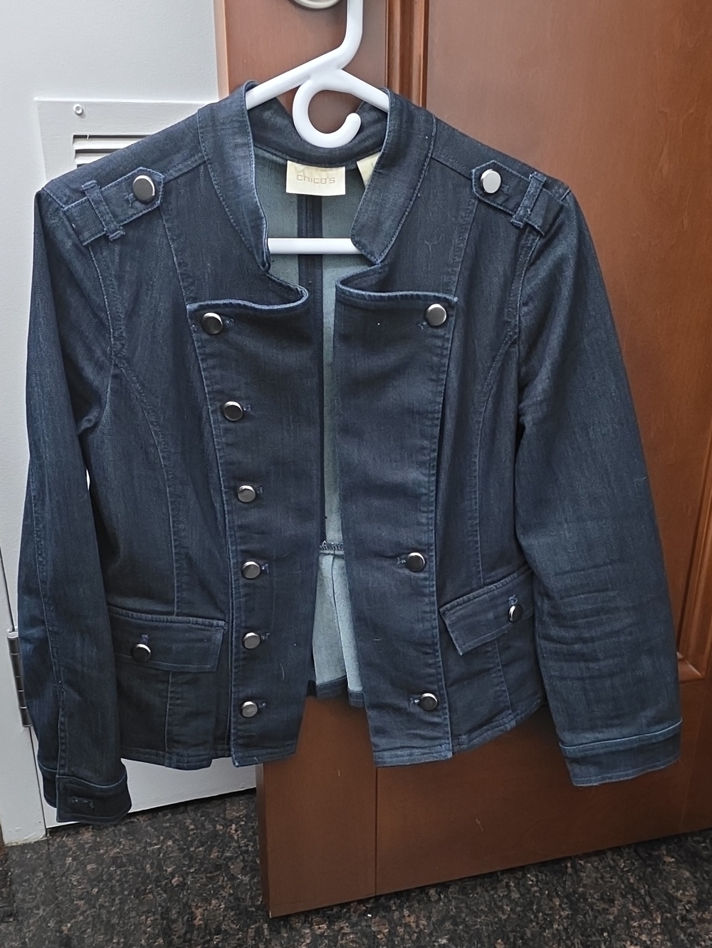 Chico's Dark Indigo Military-Style Denim Jacket Versatile Size 1 Excellent Cond